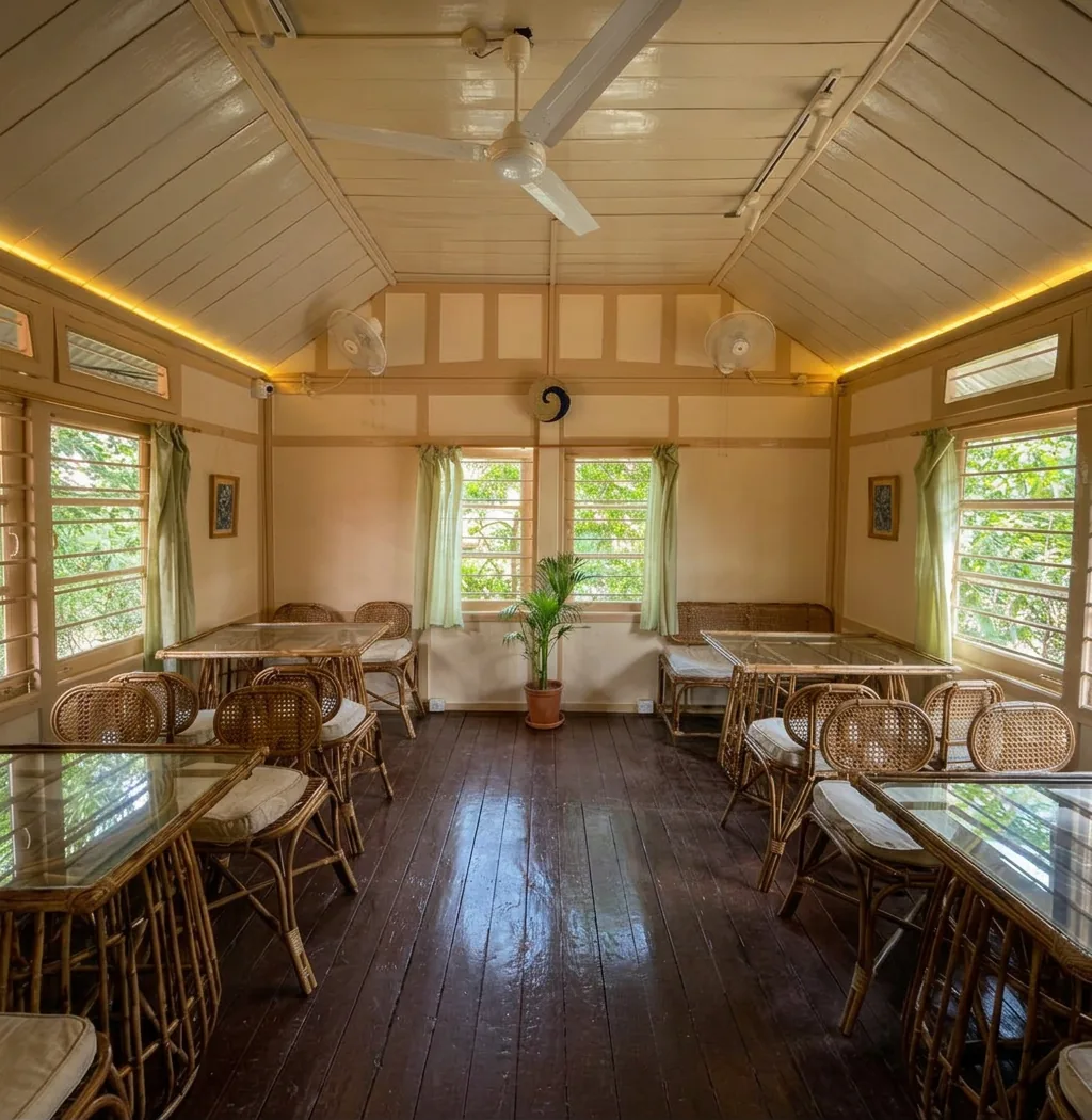 The upstairs dining hall seen from the entrance, cane dining sets either side of a central plant